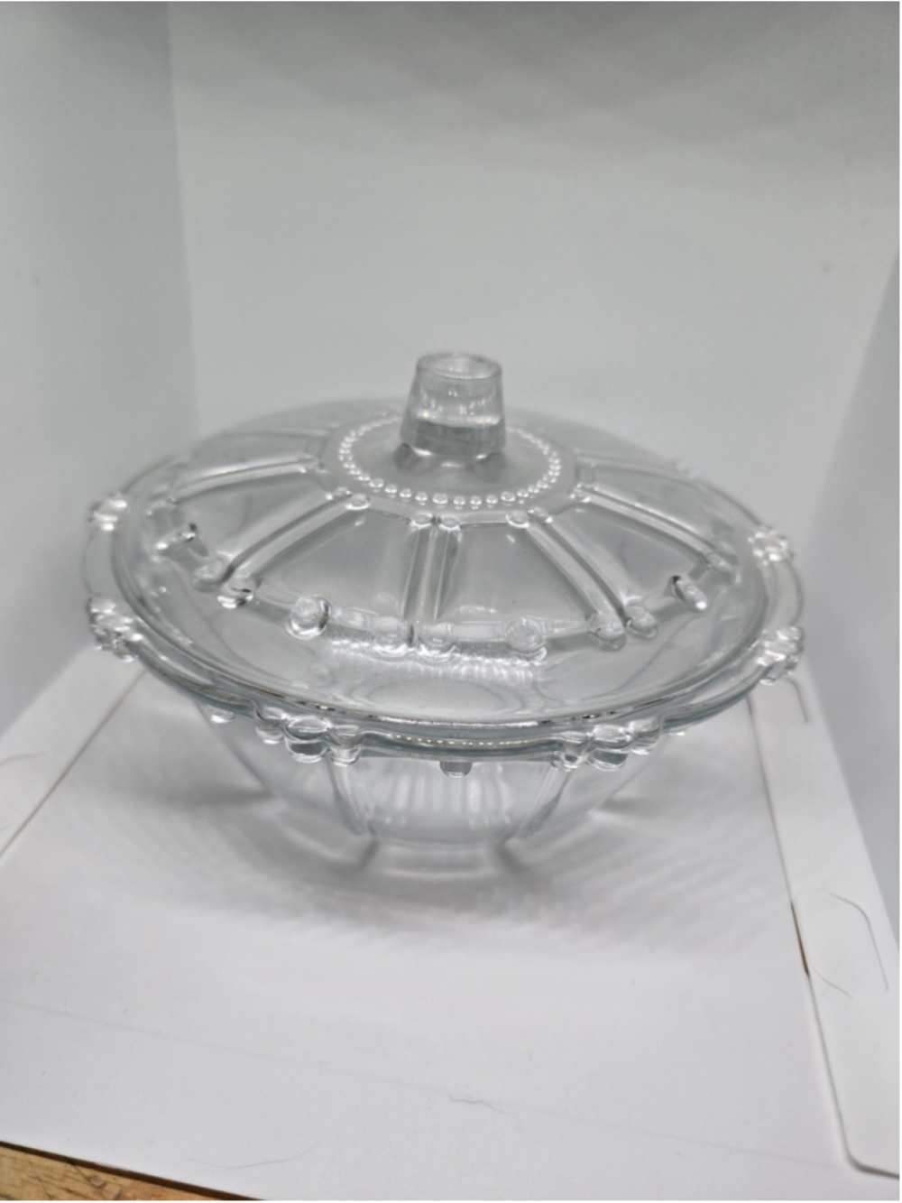 Vintage Clear Glass Covered Candy Dish Trinket Bowl Beaded Lid 7”
